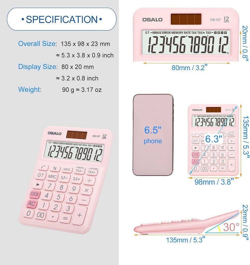 Pendancy Pocket Small Size Desk Calculator, 12 Digit Large LCD Display, Basic Tax Function Handheld Desktop Calculator with Solar Battery Dual Power, Perfect for Office, School, Business OS-12T (Pink) - Image 5